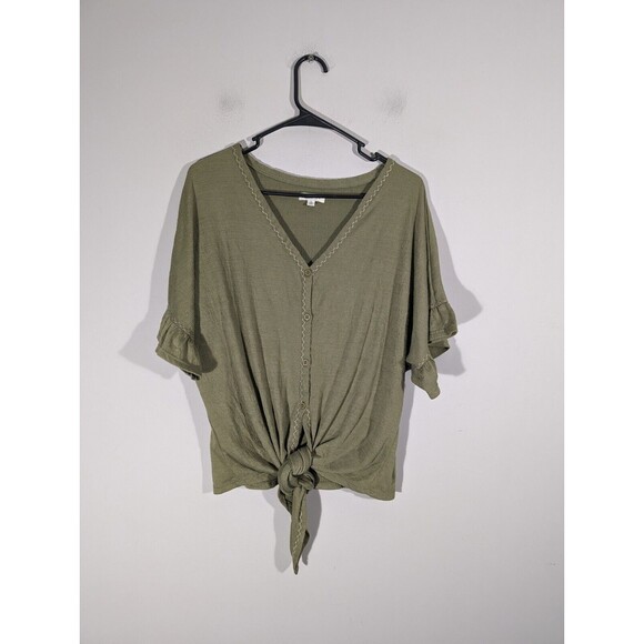 NWOT Max Studio Olive Short Sleeve Front Knot Top Woman Size L - Picture 1 of 6